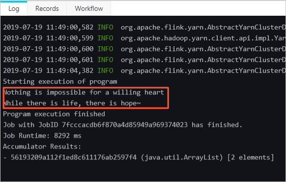 Running results of the Flink job