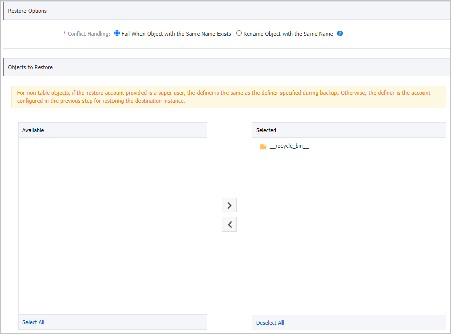 Configure a recovery object