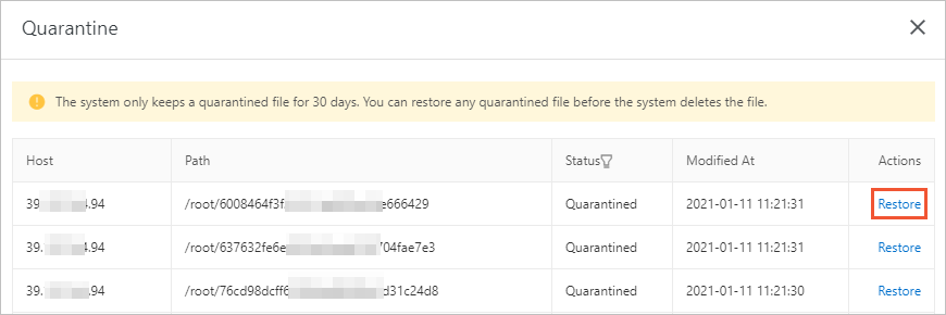 Restore quarantined files
