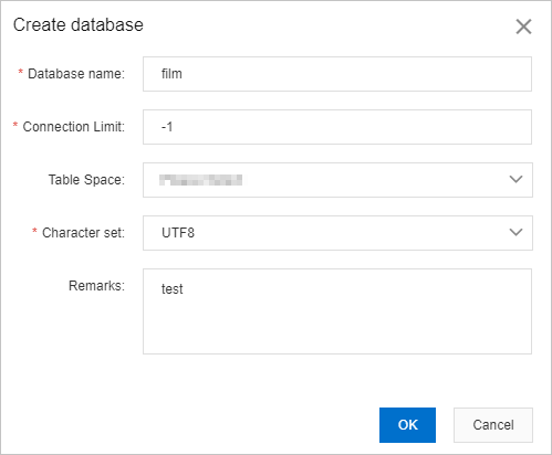 Create database dialog box