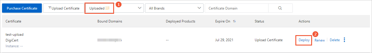 Deploy an uploaded certificate