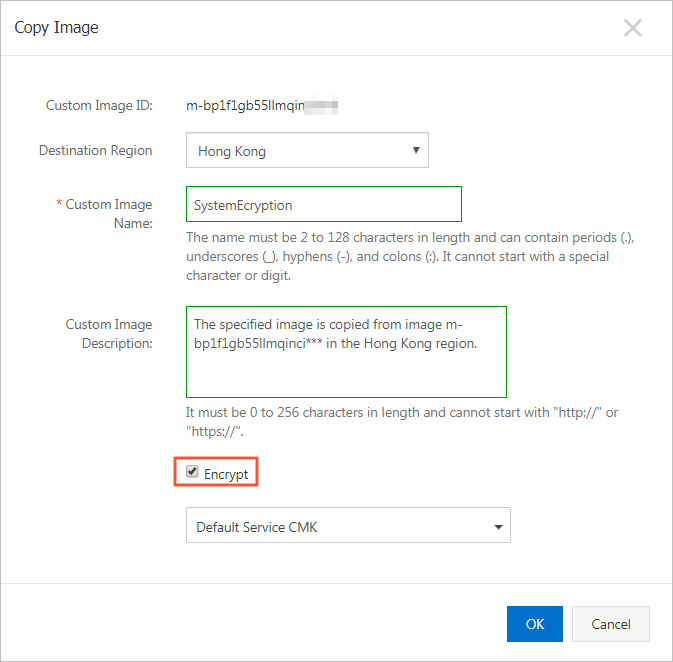 Copy Image dialog box in the ECS console