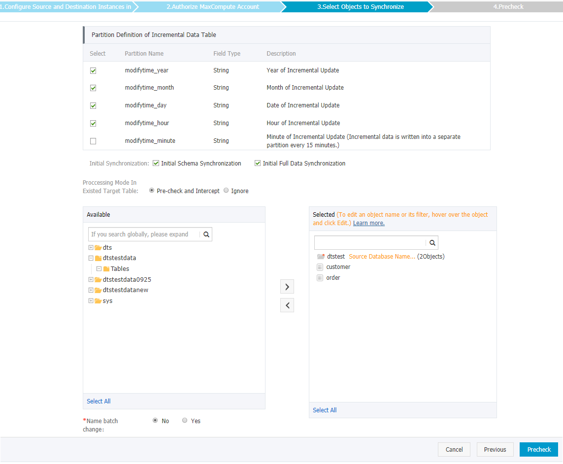 Select the synchronization policy and the objects to be synchronized