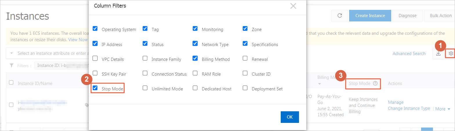 Stop mode of the pay-as-you-go instance