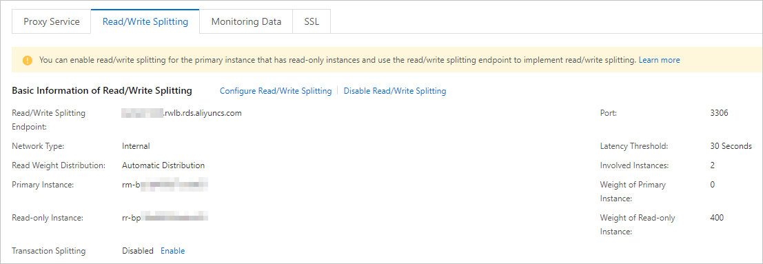 Read/Write Splitting tab