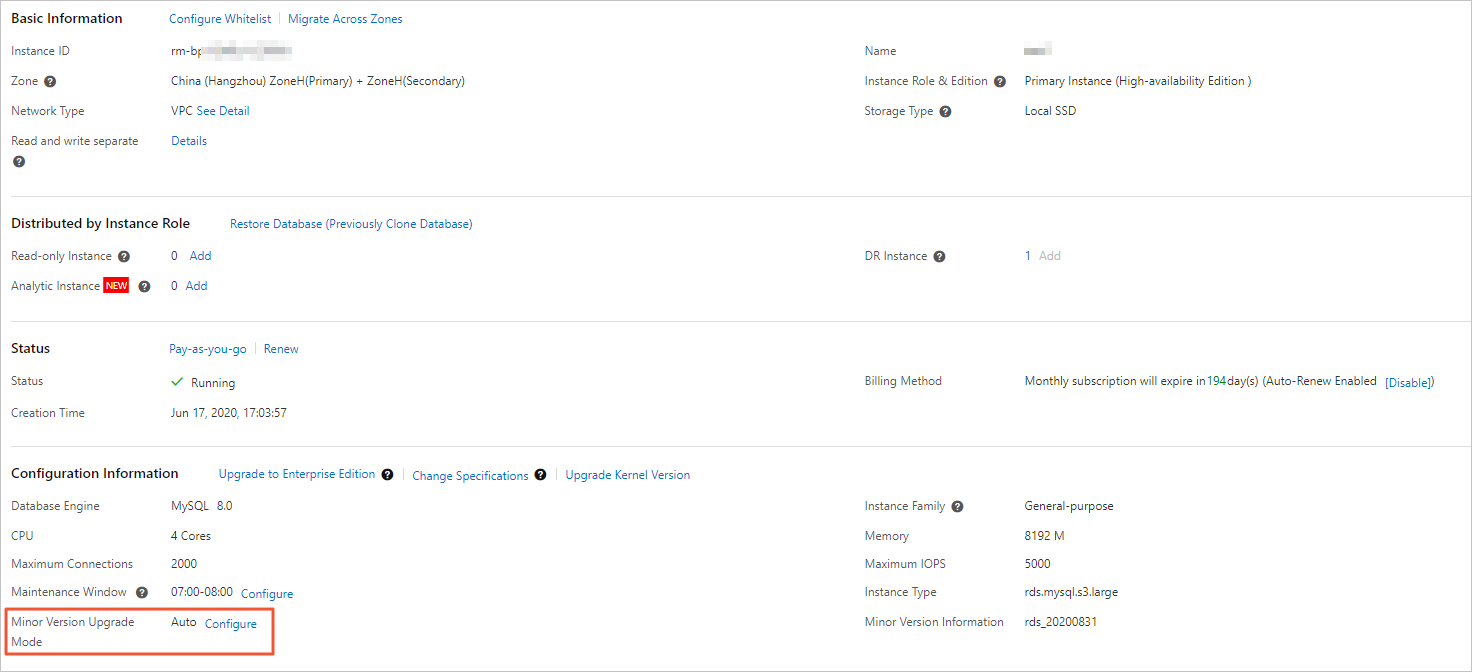 Configure the automatic update mode in the new ApsaraDB RDS console