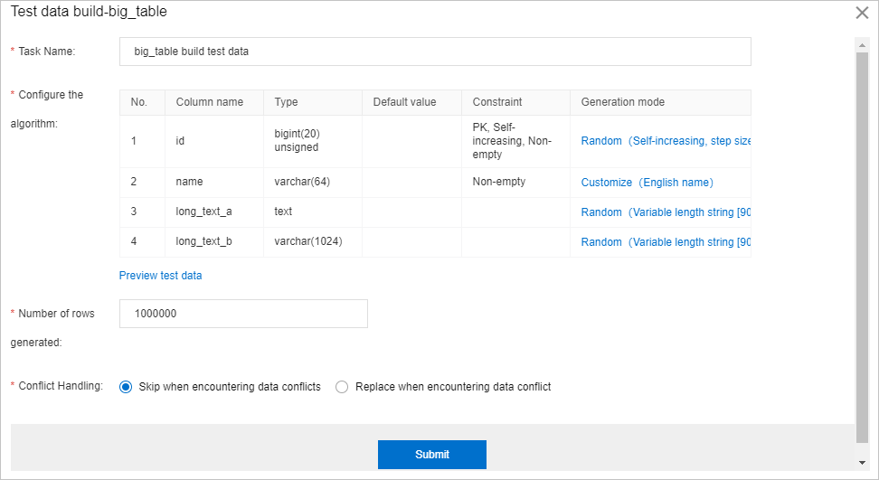 Configure the ticket for test data generation