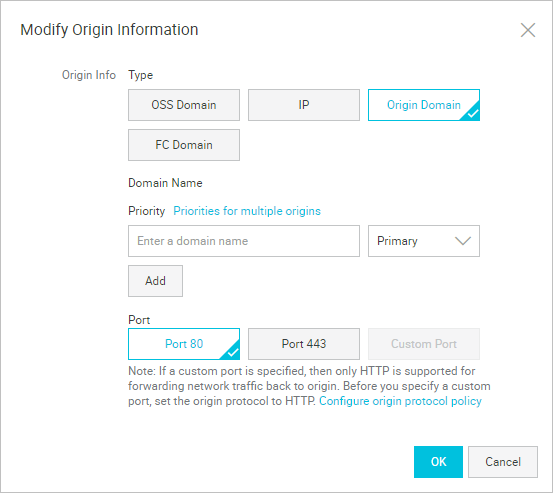 Add Origin Server dialog box