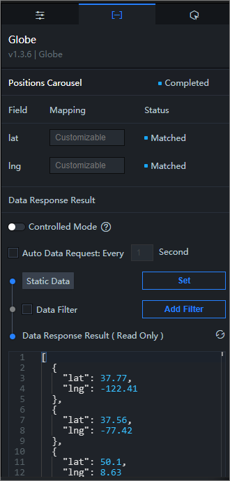 Data tab of the 3D globe widget