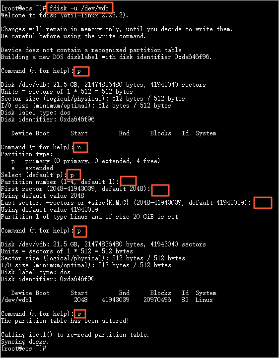 Partition creation result