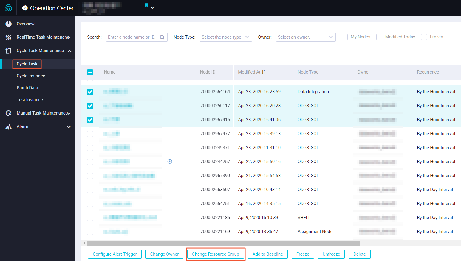 Change the resource group for multiple nodes at a time