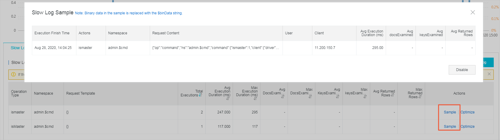 Slow query log sample