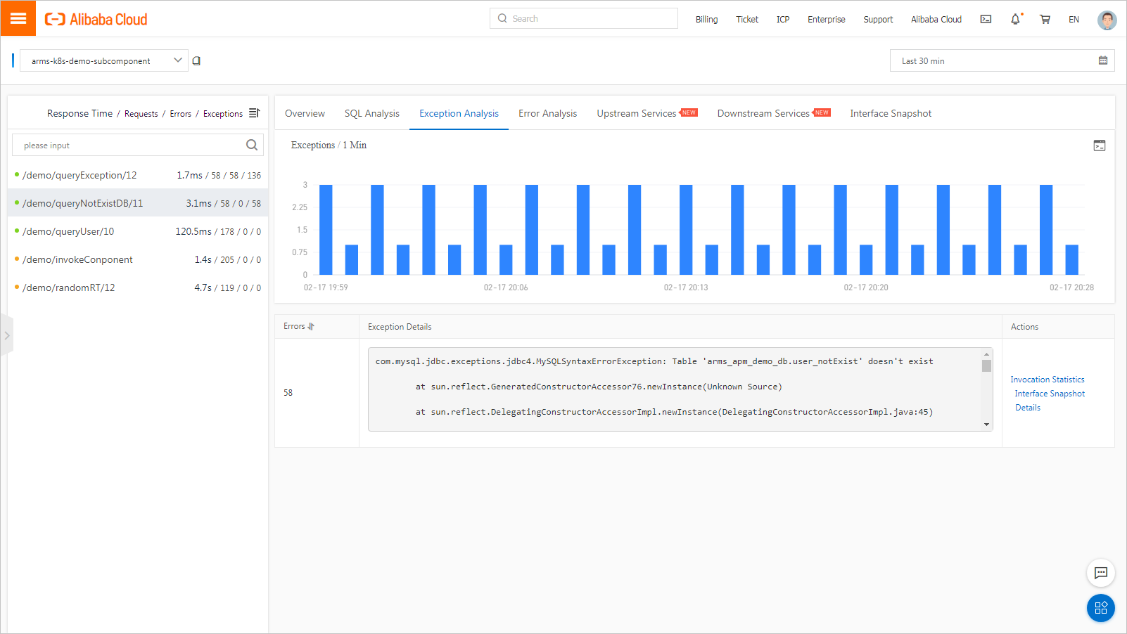 ARMS Application Monitoring - Interface Invocation - Exception Analysis