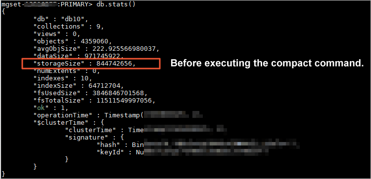 Storage size before and after defragmentation