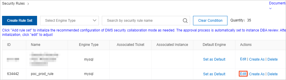 Modify the security rules for the poc_prod database in a production environment