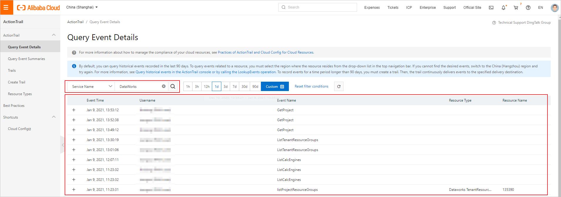 Select DataWorks for Service Name