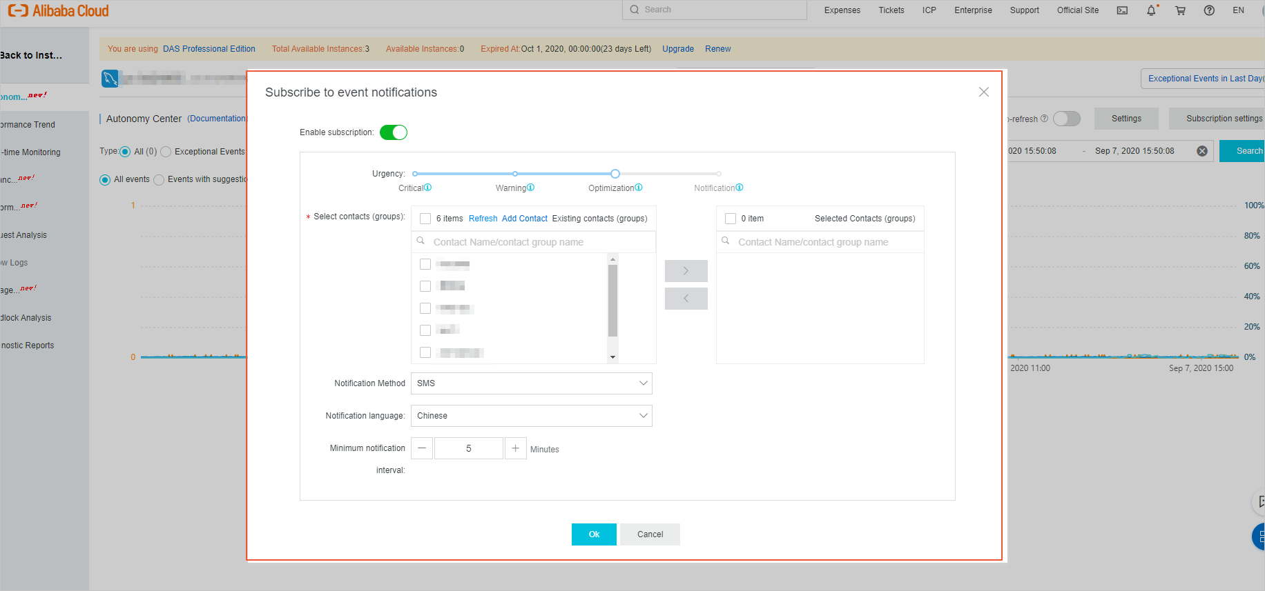 Subscribe to event notifications dialog box