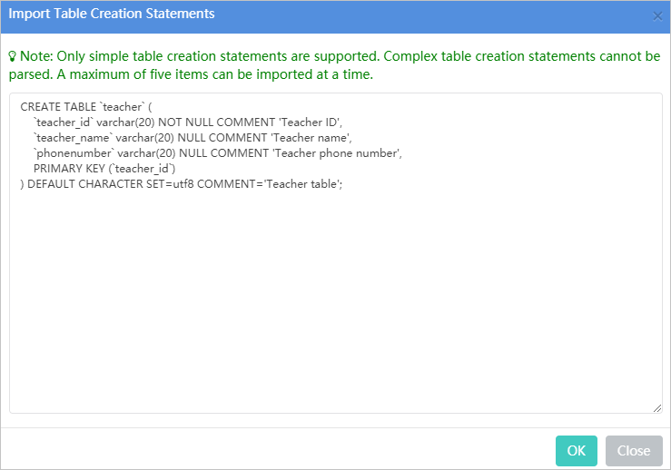 Import Table Creation Statements dialog box