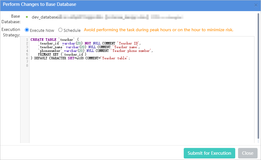 Perform Changes to Base Database dialog box