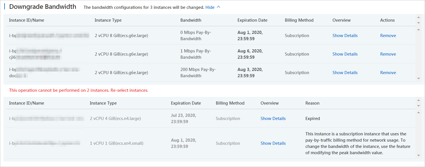 Downgrade the public bandwidths of multiple instances