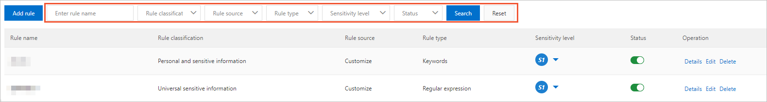 Query sensitive data detection rules