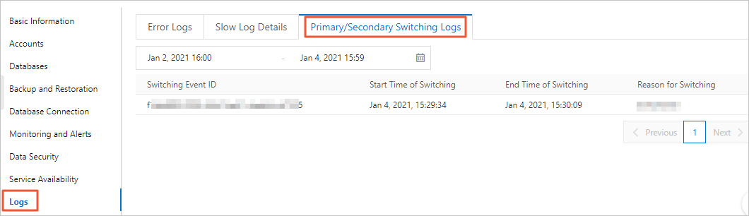 Primary/Secondary Switching Logs tab