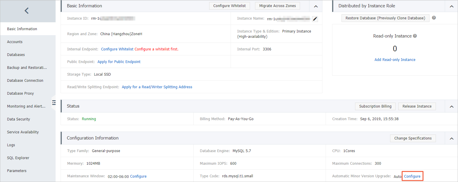 Configure the automatic update mode in the original ApsaraDB RDS console