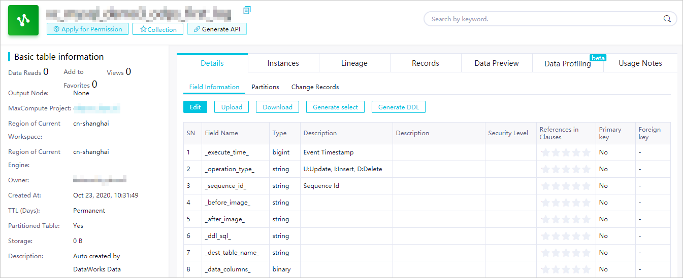 View the details of the created log table in MaxCompute