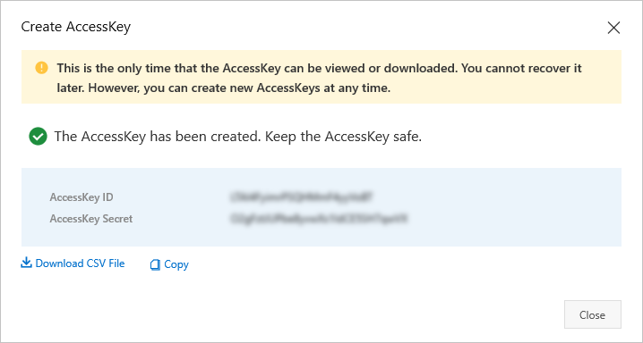 Create AccessKey dialog box