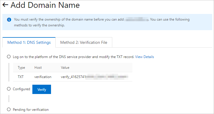Add a DNS record to prove the ownership