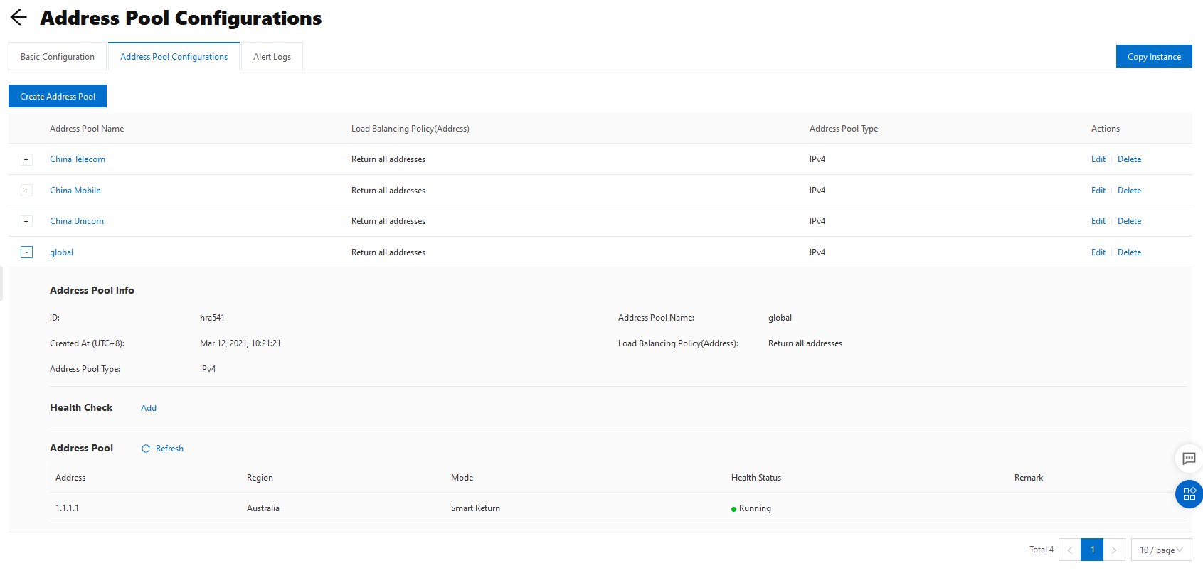 Address Pool Configurations Global Traffic Manager Alibaba Cloud