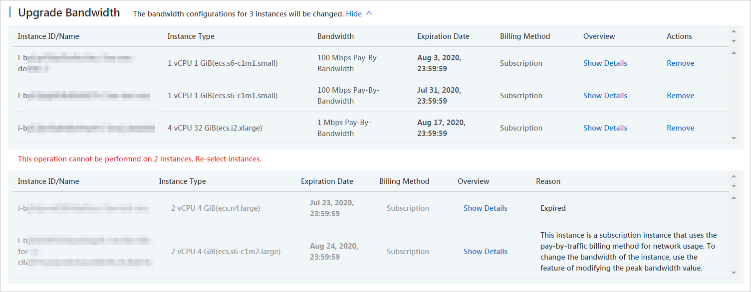 Upgrade the public bandwidths of multiple instances