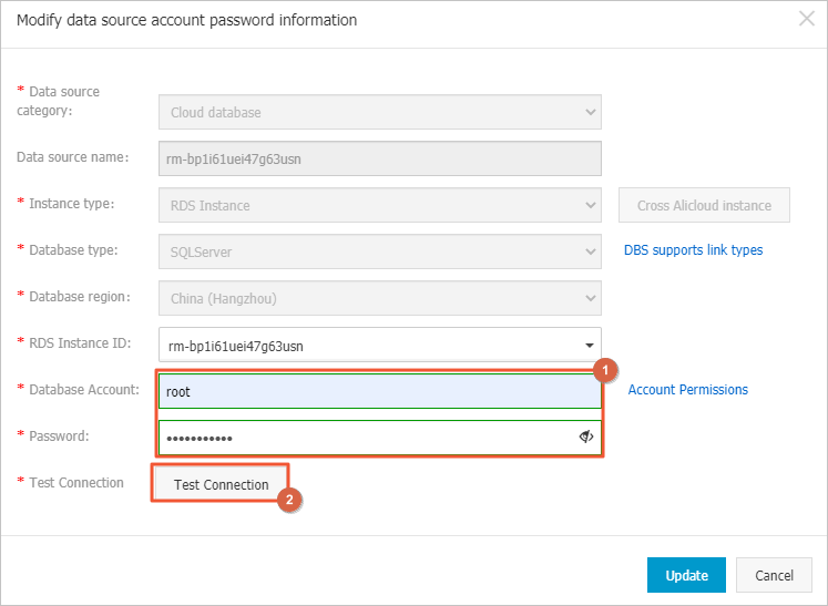 Modify data source account and password information