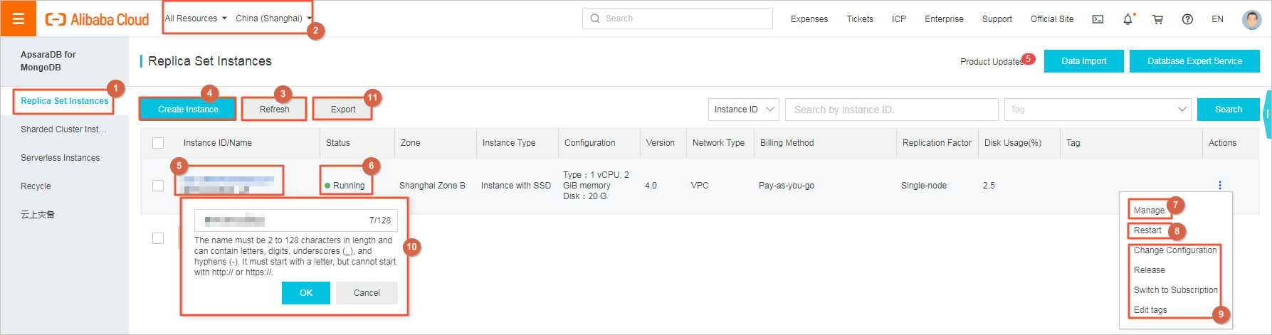 ApsaraDB for MongoDB console homepage