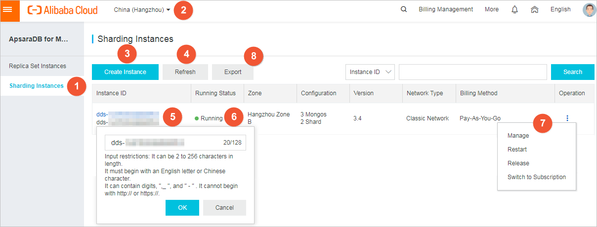 ApsaraDB for MongoDB console homepage