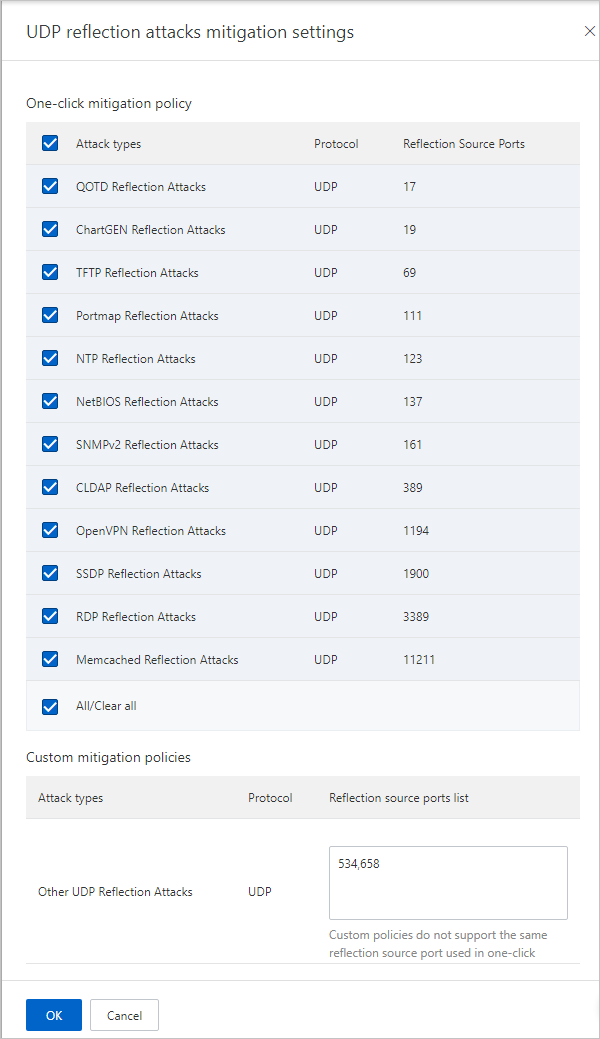 UDP reflection attacks mitigation settings
