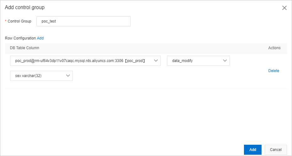 Add control group dialog box