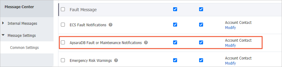 Message Center settings