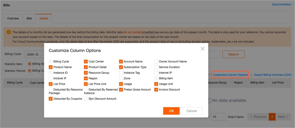 Customize columns