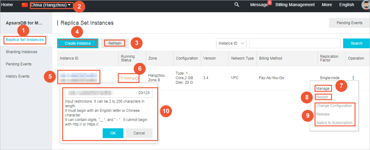 ApsaraDB for MongoDB console homepage