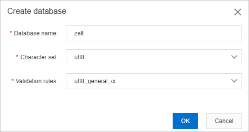 Create database dialog box